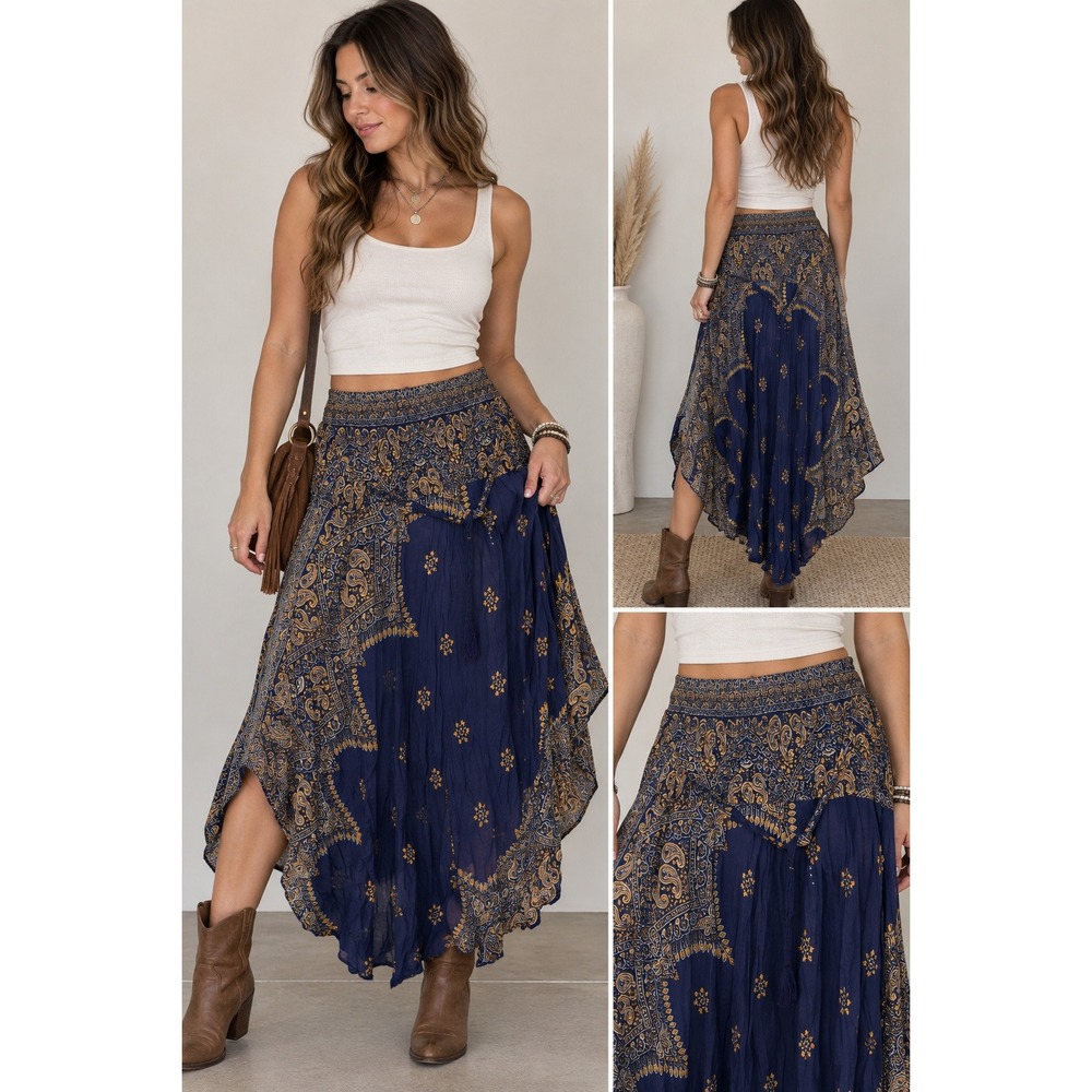 Boho Indie Sleeze Navy Blue Paisley Smocked Waist Handkerchief Hem Skirt L/XL